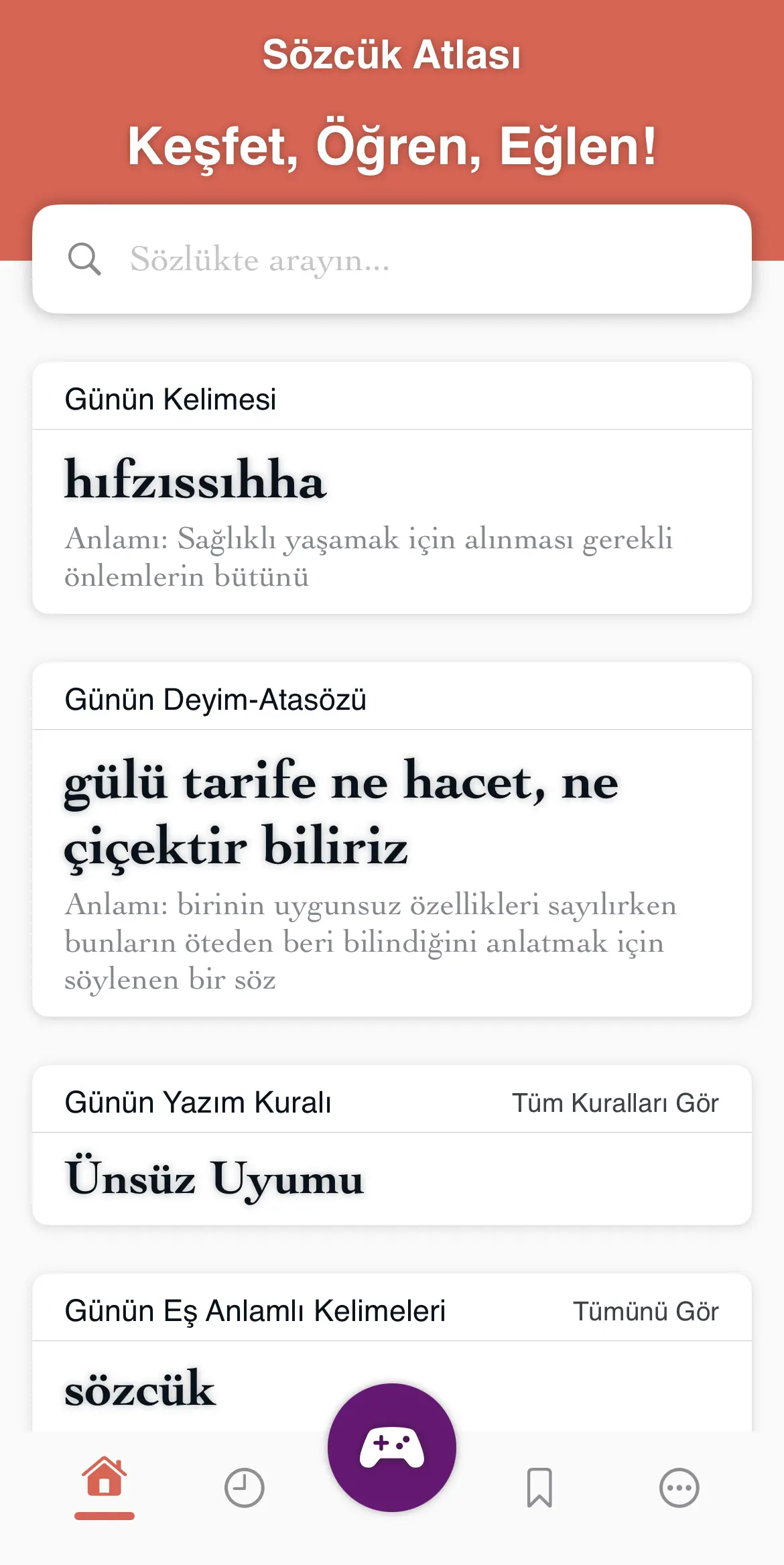 Sözcük Atlası TDK Türkçe Sözlük Ana Ekran Görünümü - iOS ve Android