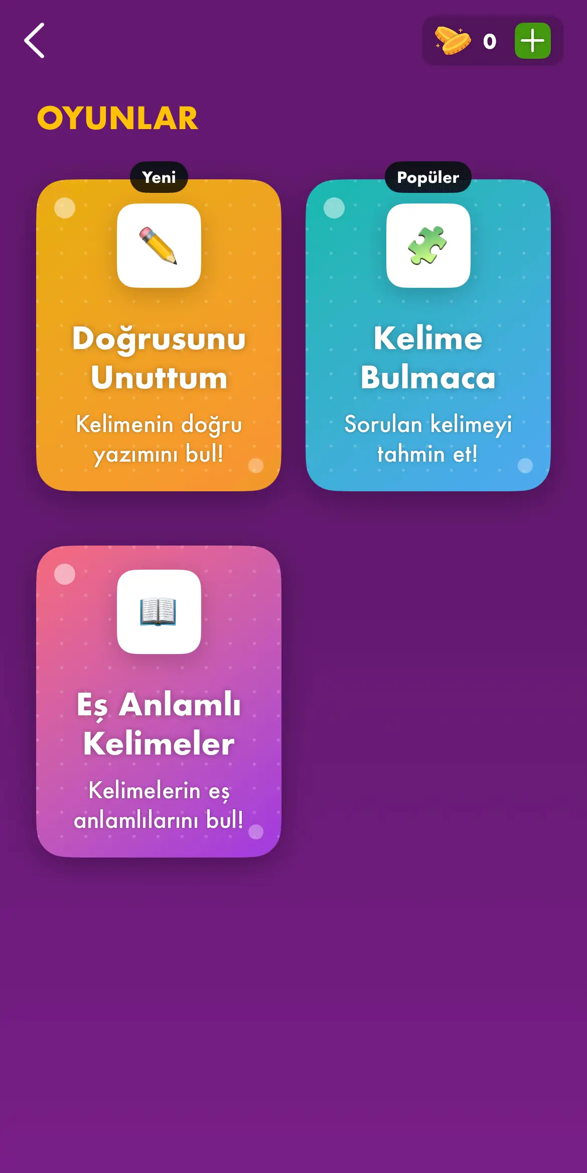 Sözcük Atlası Kelime Oyunları Ekran Görünümü - Türkçe Öğrenme Uygulaması